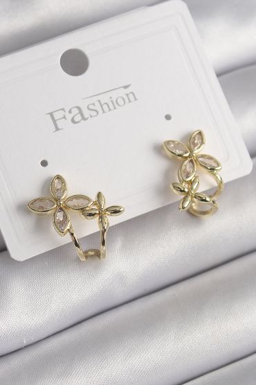 Pirinç Gold Renk Zirkon Taşlı 2'Li Çiçek Model Kadın Küpe - TJ-BKP9961