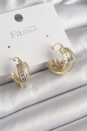 Pirinç Gold Renk Zirkon Taşlı Halka Model Kadın Küpe - TJ-BKP10001