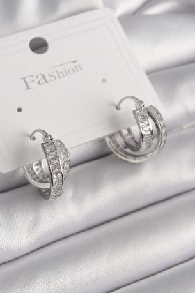 Pirinç Gümüş Renk Zirkon Taşlı Halka Model Kadın Küpe - TJ-BKP10002