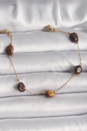 316L Çelik Gold Renk Zincir Kahverengi Doğaltaş Model Kadın Bileklik - TJ-BB6597