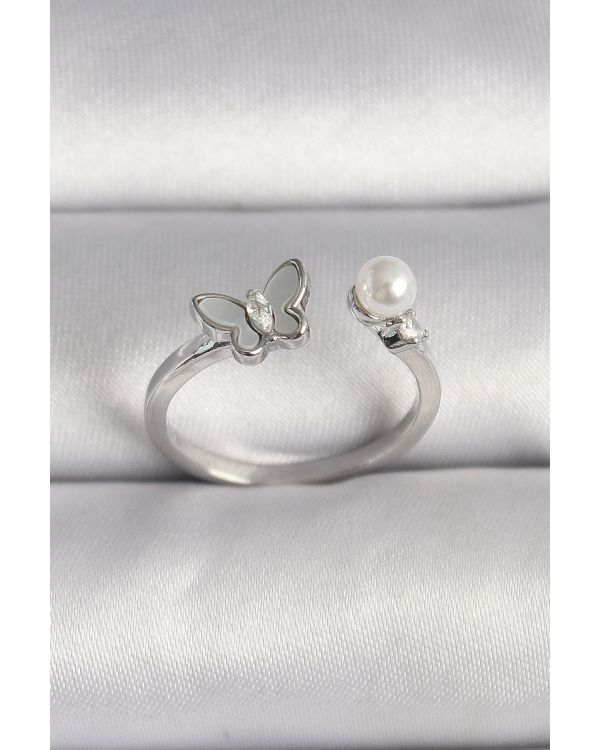 Pirinç Gümüş Renk Zirkon Taş Detaylı Beyaz Mineli Kelebek Figür İnci Detay Ayarlanabilir Yüzük - TJ-BYK3524