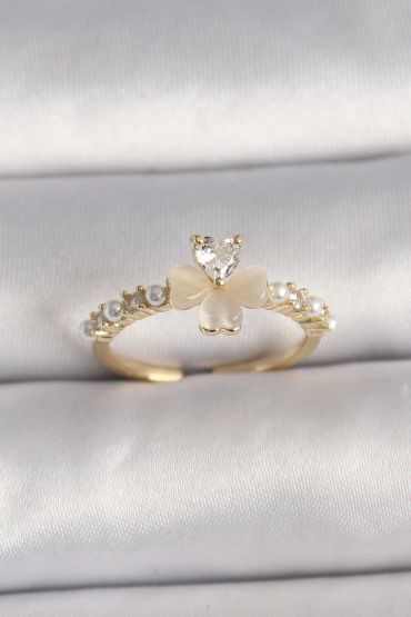 Pirinç Gümüş Renk Zirkon Taşlı Beyaz Mineli Yonca Model İnci Detay Ayarlanabilir Yüzük - TJ-BYK3551