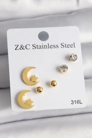 316L Çelik Gold Renk Zirkon Taşlı Ay Yıldız Model Kadın Küpe Seti - TJ-BKP10005
