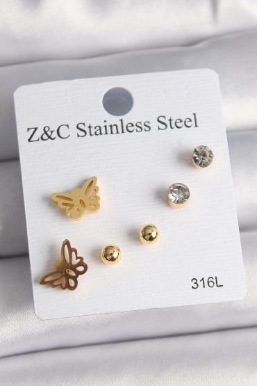 316L Çelik Gold Renk Zirkon Taşlı Kelebek Figür Kadın Küpe Seti - TJ-BKP10007