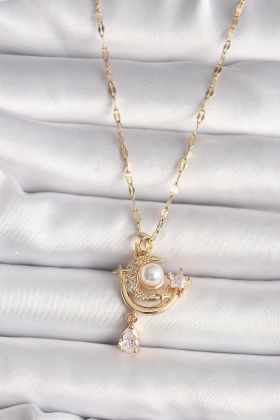 316L Gold Renk Zirkon Taşlı Ay Yıldız Model Sallantı Detay Kadın Kolye - TJ-BKO9672
