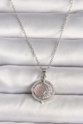 316L Çelik Gümüş Renk Zirkon Taşlı Pembe Sedefli Hilal Model Kadın Kolye - TJ-BKO9701