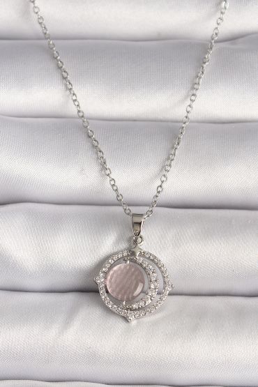 316L Çelik Gümüş Renk Zirkon Taşlı Pembe Sedefli Hilal Model Kadın Kolye - TJ-BKO9701