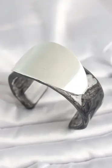 Siyah Mermer Desen Akrilik Plastik Gümüş Oval Plaka Model Vintage Kadın Bilezik - TJ-BB6673