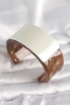 Kahverengi Mermer Desen Akrilik Plastik Gümüş Dikdörtgen Plaka Vintage Kadın Bilezik - TJ-BB6676