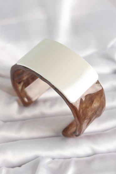 Kahverengi Mermer Desen Akrilik Plastik Gümüş Dikdörtgen Plaka Vintage Kadın Bilezik - TJ-BB6676