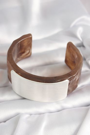 Kahverengi Mermer Desen Akrilik Plastik Gümüş Dikdörtgen Plaka Vintage Kadın Bilezik - TJ-BB6676