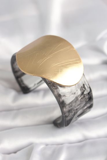 Siyah Mermer Desen Akrilik Plastik Gold Daire Plaka Model Vintage Kadın Bilezik - TJ-BB6679