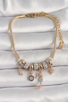 316L Çelik Gold Renk Zincir Sallantı Zirkon Taşlı Deniz Atı Figür Nazar Boncuk Detay Kadın Bileklik - TJ-BB6708