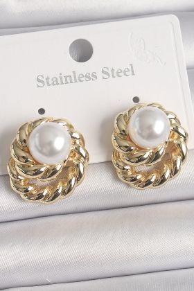 Pirinç Gold Renk İncili Sarmal Burgu Model Kadın Küpe - TJ-BKP10073