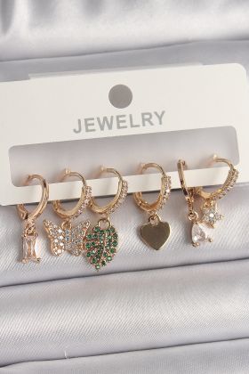 Pirinç Gold Renk Renkli Kelebek Figür Çoklu Figür Kadın Küpe Seti - TJ-BKP10096