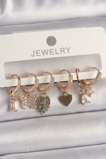 Pirinç Gold Renk Renkli Kelebek Figür Çoklu Figür Kadın Küpe Seti - TJ-BKP10096