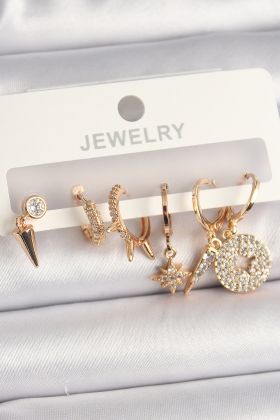 Pirinç Gold Renk Zirkon Taşlı Çoklu Figür Kadın Küpe Seti - TJ-BKP10102