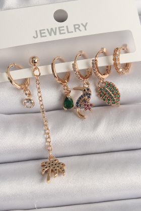 Pirinç Gold Renk Sallantı Zirkon Taşlı Ağaç Figür Kadın Küpe Seti - TJ-BKP10118