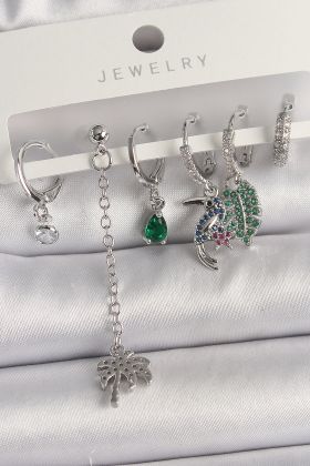 Pirinç Gümüş Renk Sallantı Zirkon Taşlı Ağaç Figür Çoklu Kadın Küpe Seti - TJ-BKP10119