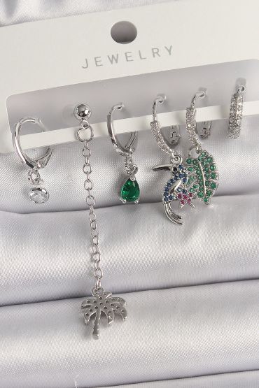 Pirinç Gümüş Renk Sallantı Zirkon Taşlı Ağaç Figür Çoklu Kadın Küpe Seti - TJ-BKP10119