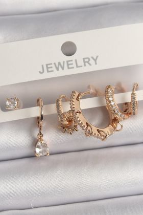 Pirinç Gold Renk Sallantı Zirkon Taşlı Halka Model Damla Zirkon Taş Detay Çoklu Kadın Küpe Seti - TJ-BKP10124