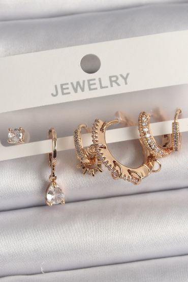 Pirinç Gold Renk Sallantı Zirkon Taşlı Halka Model Damla Zirkon Taş Detay Çoklu Kadın Küpe Seti - TJ-BKP10124