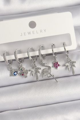 Pirinç Gümüş Renk Sallantı Zirkon Taşlı Deve Kuşu Figür Çoklu Kadın Küpe Seti - TJ-BKP10127