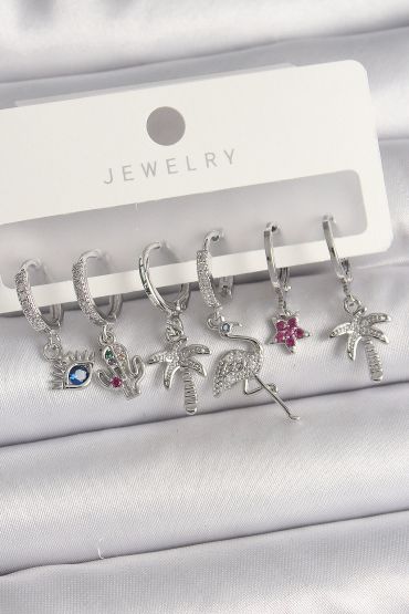Pirinç Gümüş Renk Sallantı Zirkon Taşlı Deve Kuşu Figür Çoklu Kadın Küpe Seti - TJ-BKP10127