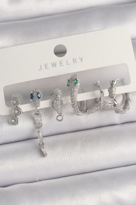 Pirinç Gümüş Renk Sallantı Zirkon Taşlı Yılan Model Kadın Küpe Seti - TJ-BKP10133