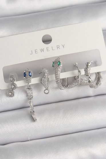 Pirinç Gümüş Renk Sallantı Zirkon Taşlı Yılan Model Kadın Küpe Seti - TJ-BKP10133