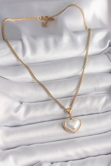 316L Çelik Gold Renk Zincir 3D İnci Kalp Model Kadın Kolye - TJ-BKO9770