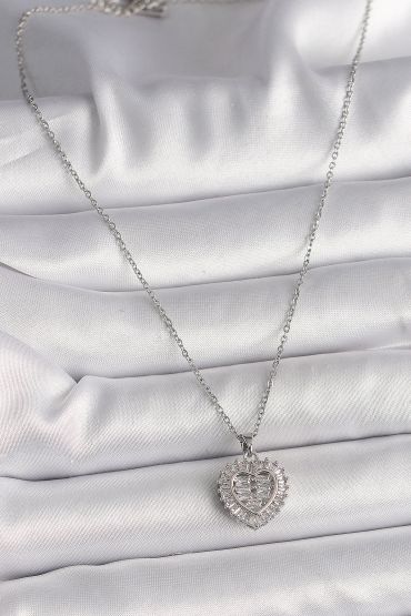 316L Çelik Gümüş Renk Zincir Zirkon Taşlı Kalp Model Kadın Kolye - TJ-BKO9787