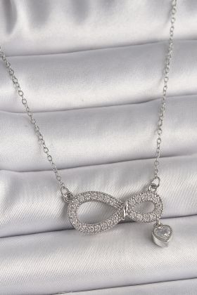 316L Çelik Gümüş Renk Zincir Zirkon Taşlı Sonsuzluk Model Taşlı Kalp Detay Kadın Kolye - TJ-BKO9801