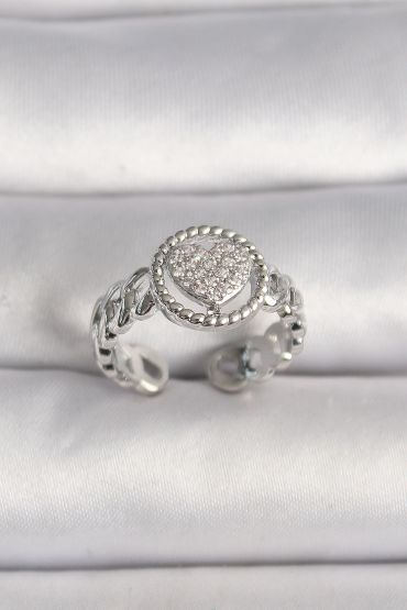 Pirinç Gümüş Renk Zincir Model Zirkon Taşlı Kalp Model Kadın Yüzük - TJ-BYK3587