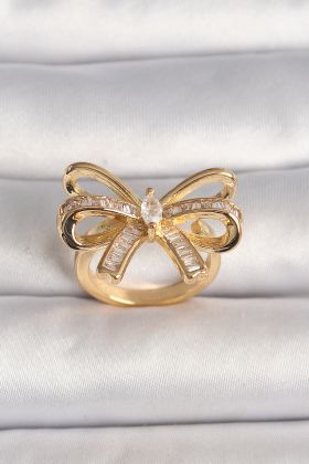 Pirinç Gold Renk Ayarlanabilir Zirkon Taşlı Kurdele Model Kadın Yüzük - TJ-BYK3592