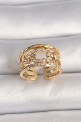 Pirinç Gold Renk Ayarlanabilir Zirkon Taşlı Gemici Düğümü Model Kadın Yüzük - TJ-BYK3605