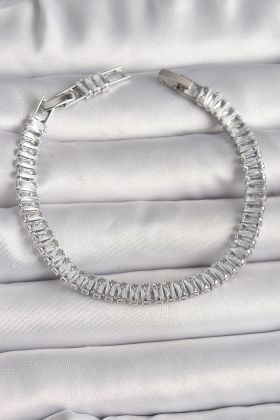 Pirinç Gümüş Renk Zirkon Taşlı Su Yolu Model Kadın Bileklik - TJ-BB6726