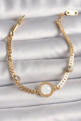 316L Çelik Gold Renk Yassı Zincir Model Zirkon Taş Detaylı Beyaz Mineli Madalyon Model Kadın Bileklik - TJ-BB6732