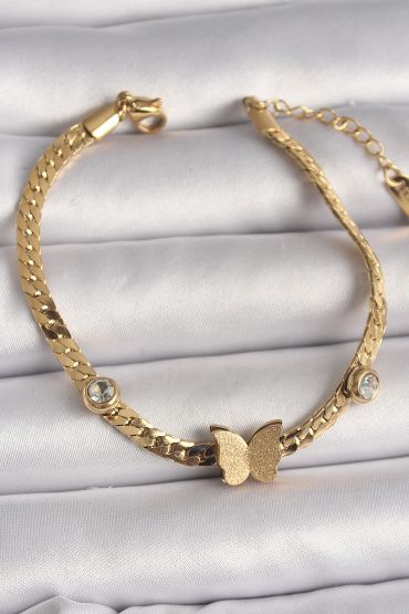 316L Çelik Gold Renk Yassı Zincir Zirkon Taşlı Simli Kelebek Figür Kadın Bileklik - TJ-BB6734