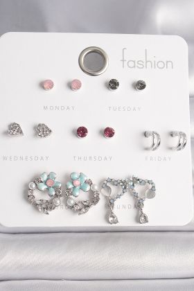 Pirinç Gümüş Renk Zirkon Taşlı Çiçekli Halka Sallantı Detaylı Kalp 7 Çift Kadın Küpe Seti - TJ-BKP10139