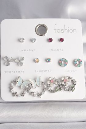 Pirinç Gümüş Renk Zirkon Taşlı Kelbekli Çiçekli Halka Model 7 Çift Kadın Küpe Seti - TJ-BKP10141