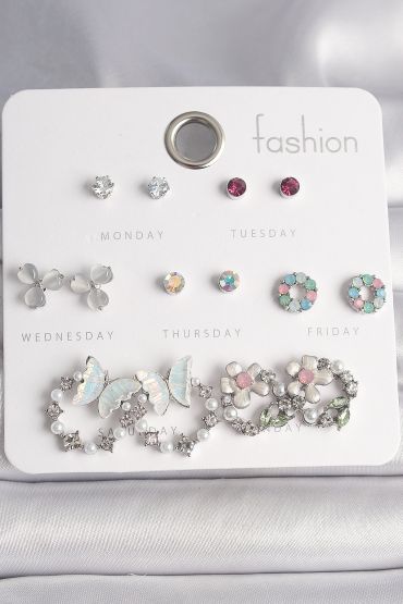 Pirinç Gümüş Renk Zirkon Taşlı Kelbekli Çiçekli Halka Model 7 Çift Kadın Küpe Seti - TJ-BKP10141