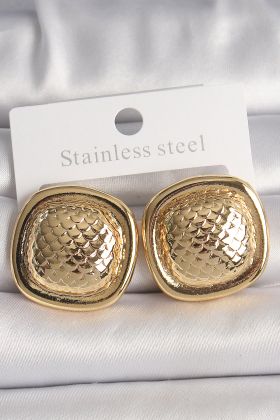 Pirinç Gold Renk İşlemeli Kare Model Kadın Küpe - TJ-BKP10149