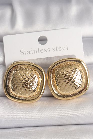 Pirinç Gold Renk İşlemeli Kare Model Kadın Küpe - TJ-BKP10149