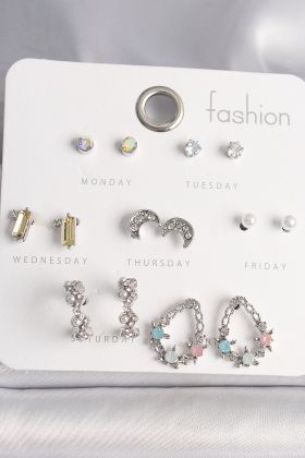 Pirinç Gümüş Renk Renkli Zirkon Taşlı Halka Damla Figür Hilal Detay 7 Çift Kadın Küpe Seti - TJ-BKP10187