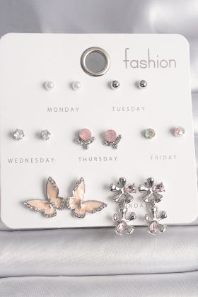 Pirinç Gümüş Renk Renkli Zirkon Taş Detaylı Pembe Sedefli Kelebek Figür 7 Çift Kadın Küpe Seti - TJ-BKP10188