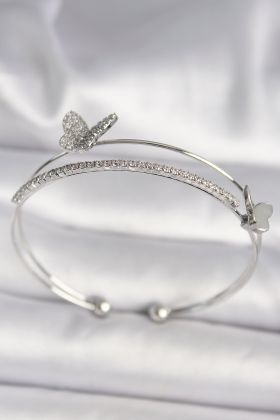 Pirinç Gümüş Renk Zirkon Taşlı Kelebek Model Kadın Bileklik - TJ-BB6740