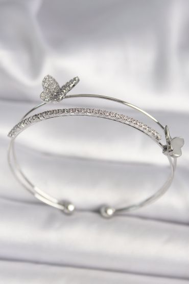 Pirinç Gümüş Renk Zirkon Taşlı Kelebek Model Kadın Bileklik - TJ-BB6740