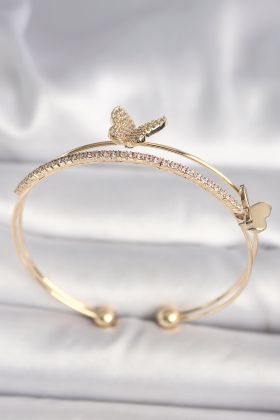 Pirinç Gold Renk Zirkon Taşlı Kelebek Model Kadın Bileklik - TJ-BB6741