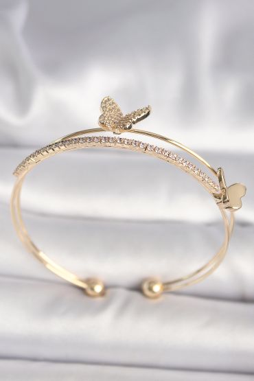 Pirinç Gold Renk Zirkon Taşlı Kelebek Model Kadın Bileklik - TJ-BB6741